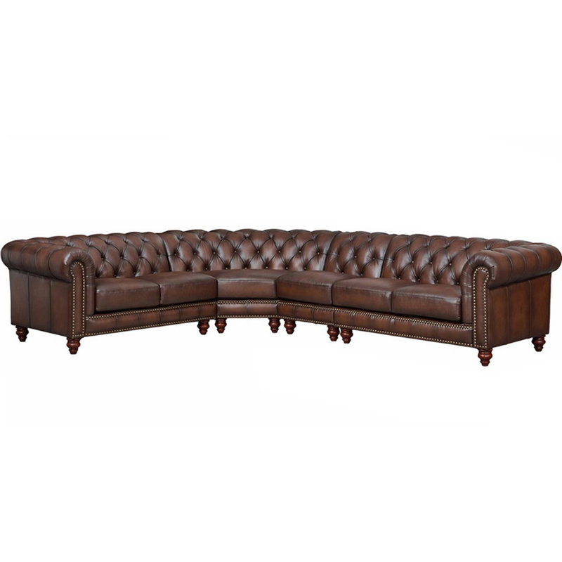 Caramel Brown Leather Tufted Chesterfield Sectional Sofa with Rolled Arms