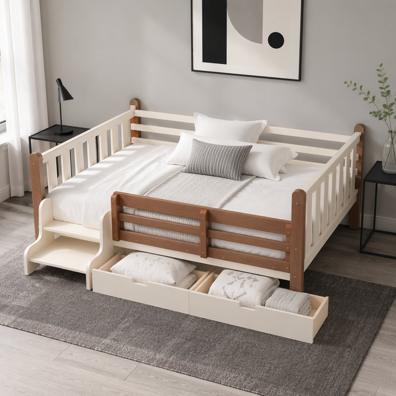 Lit avec tiroirs de rangement, lit en bois avec de jolis escaliers et garde-corps, Twin, Beige