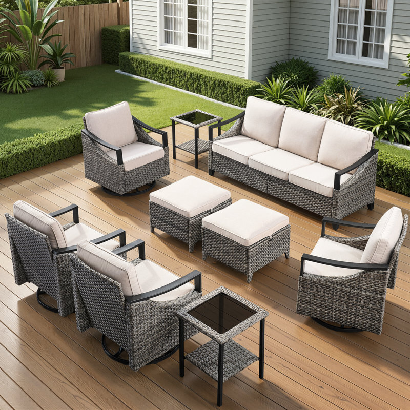 9-Piece Outdoor Modern Iron Armrests Complete Conversation Set For Family Chats And Party, Beige