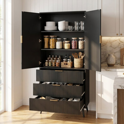Grande armoire de rangement avec tiroirs et tablettes réglables, armoire d'appoint à panneau cannelé avec poignées dorées pour le salon, la cuisine ou le vestibule