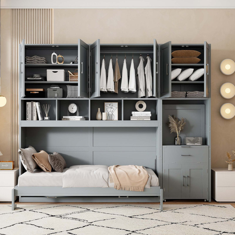 Lit escamotable mural avec placard, tiroirs et bureau Murphy, Gris