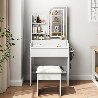 Coiffeuse tendance avec miroir et éclairage pour maquillage, support pour sèche-cheveux et chaise. Ensemble coiffeuse avec miroir et éclairage réglables (3 couleurs), 3 tiroirs, couleur blanche.