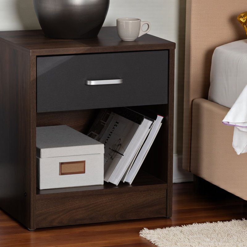 Harrow Brown & Dark Gray Silver Handle 1-Drawer & 1-Shelf Nightstand, 17.99" H X 15.62" W X 13.61" D