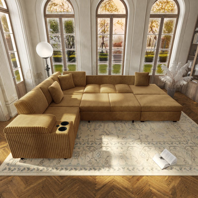 L-Shaped Sectional Sofa Set with Removable Ottoman, Hidden Armrest Storage and USB Charging Ports