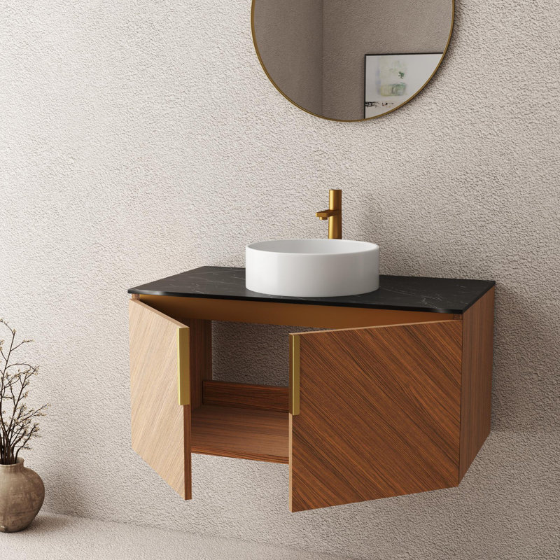 Meuble-lavabo mural avec lavabo rond en céramique, Blanc