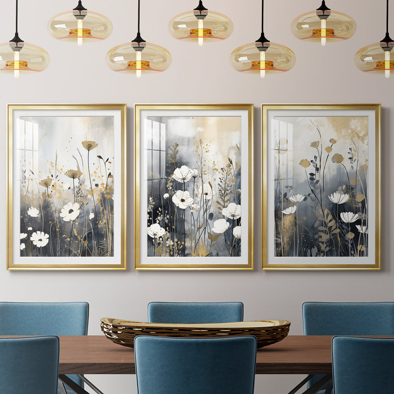 FLORAL Series CECXCV III - Impression sur mesure avec cadre de qualité supérieure mat - 3 pièces, H 19 po x l 27 po, Doré