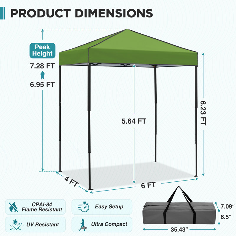6 pi. L 4 pi. D Auvent escamotable en acier, abri portatif extérieur pliant avec sac de transport, Vert gazon