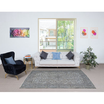 Tapis turc contemporain fait à la main 5,6 x 8,4 pi en bleu clair