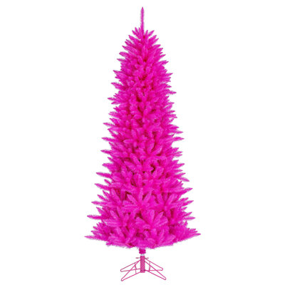  7.5' x 40" Hot Pink Artificial Pre-Lit Christmas Tree with 550 Pink LED Mini Lights, 1185 Realistic PVC Tips, 6' Step On/Off Power Cord and Folding Metal Tree Stand. Assembly is required.