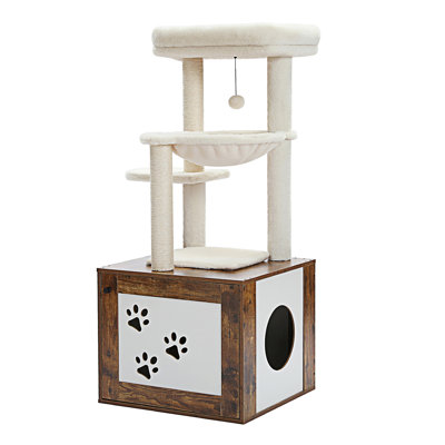56.7" Cat Tree With Litter Box Enclosure Large, Wood Cat Tower For Indoor Cats With Storage Cabinet And Cozy Cat Condo, Sisal Covered Scratching Post And Repalcable Dangling Balls