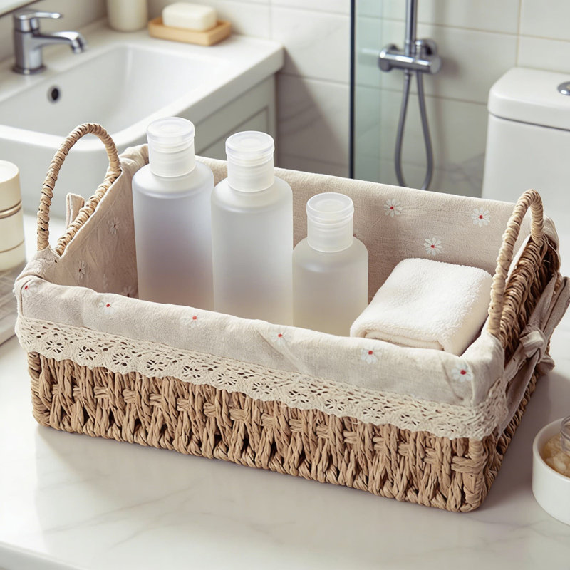 Handwoven Paper Rope Storage Baskets With Liner, Set Of 2 Rectangular Woven Shelf Organizers With Handles For Home Organization In Living Room, Bedroom, Or Bathroom