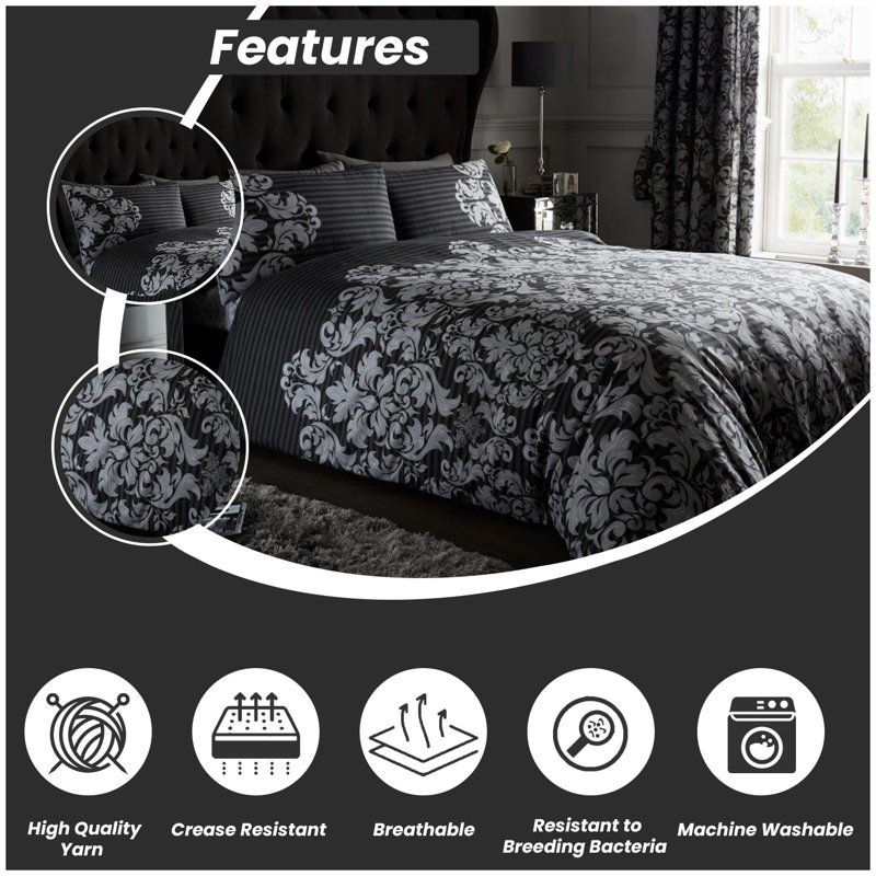 Damask Pattern Duvet Cover Set with Matching Pillowcases - Polycotton Bedding Set - Washable, Single, Black