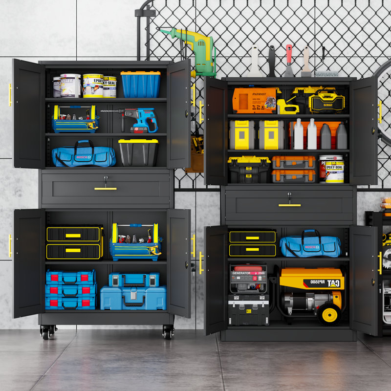 Tall Metal Rolling Tool Garage Storage Cabinet with Wheels and Locking Door for Garage,Home,Office,Shop (Black, 71" H x 35.43W x 15.74" D)