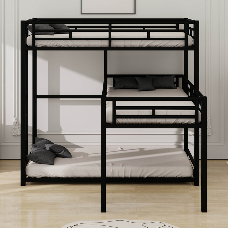 Twin Size L-Shaped Metal Triple Bunk Bed With Ladder And Full-Length Guardrail