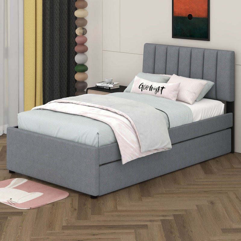 Lit plateforme tapissier simple avec lit gigogne Teddy, Gris