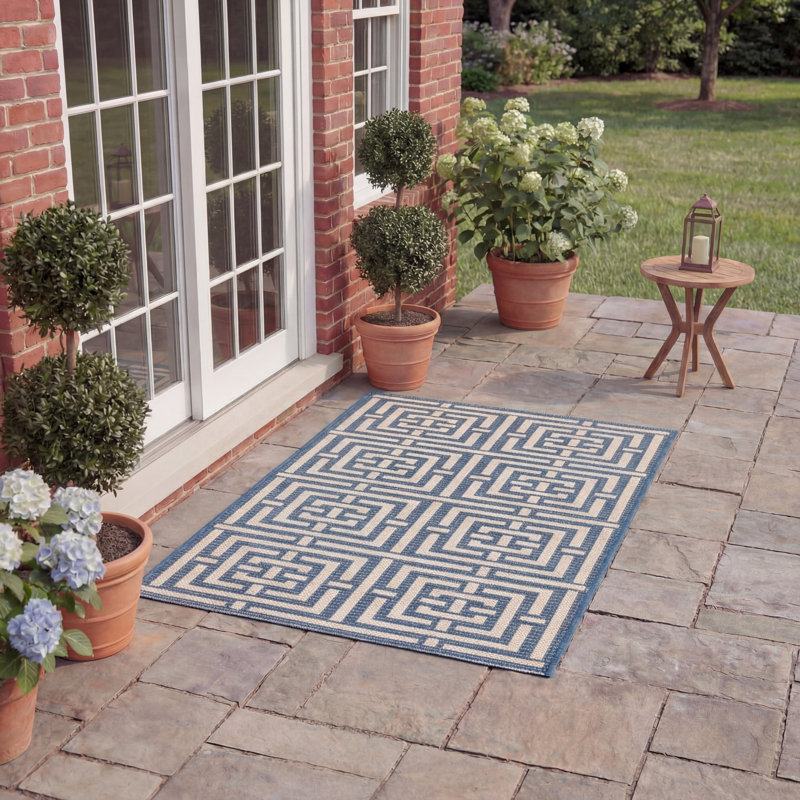 Arneshia Geometric Blue/Bone Indoor/Outdoor Area Rug, Rectangle 2' x 3'7"