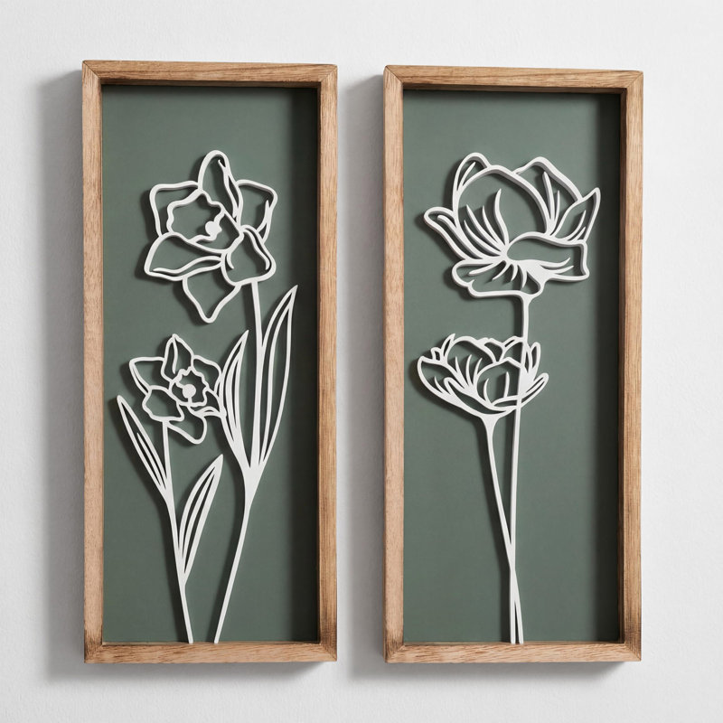 Ensemble d'art mural 3D floral vert sauge, ensemble de 2, cadre botanique en bois encadré