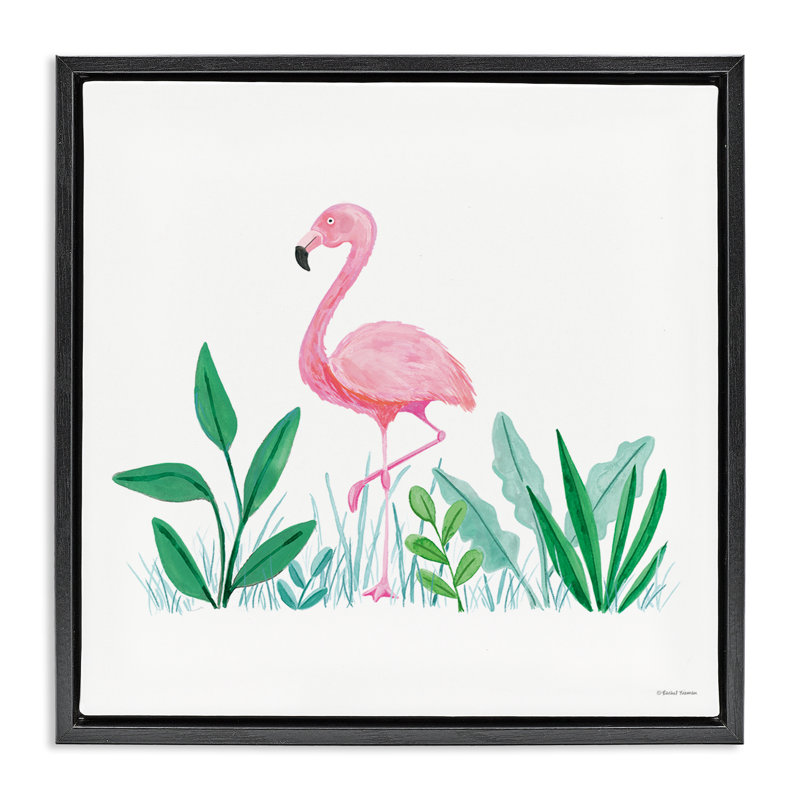 «Summer Flamingo & Fronds» par Susan Ball, H 18 po x l 18 po, Cadre flottant noir de jais