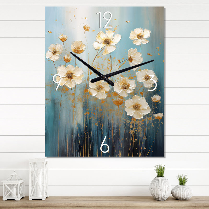 Horloge murale surdimensionnée minimaliste beige et bleu Buttercups On Blue II, Petit