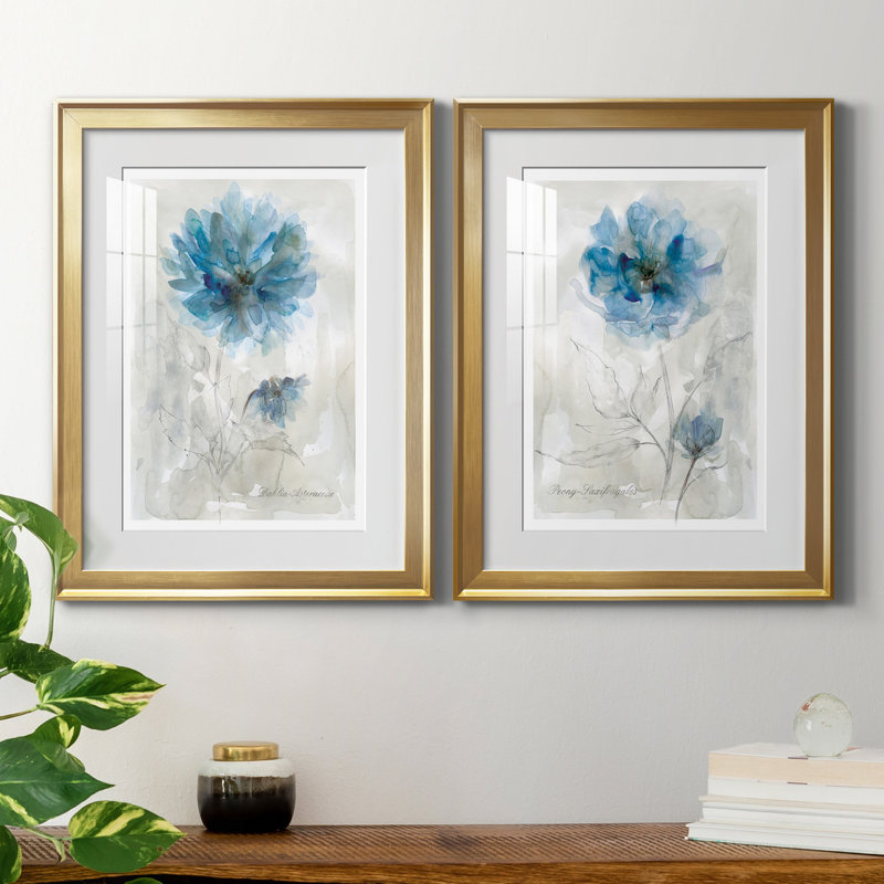 Blue Dahlia - ensemble de 2 reproductions d'art, H 18,5 po x l 49 po x P 1,5 po, Papier encadré doré, Blanc
