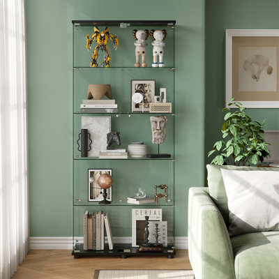 5-Tier Glass Display Cabinet with Doors, Tempered Glass Standing Curio Cabinet, Modern Tall Glass Bookshelf with Adjustable Shelves for Living Room, B by Latitude Run