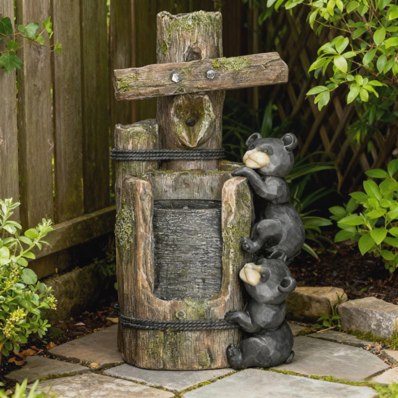 3-Tier Resin Bears On Log Outdoor Waterfall Fountain,Water Fountain With LED Lights, Pump