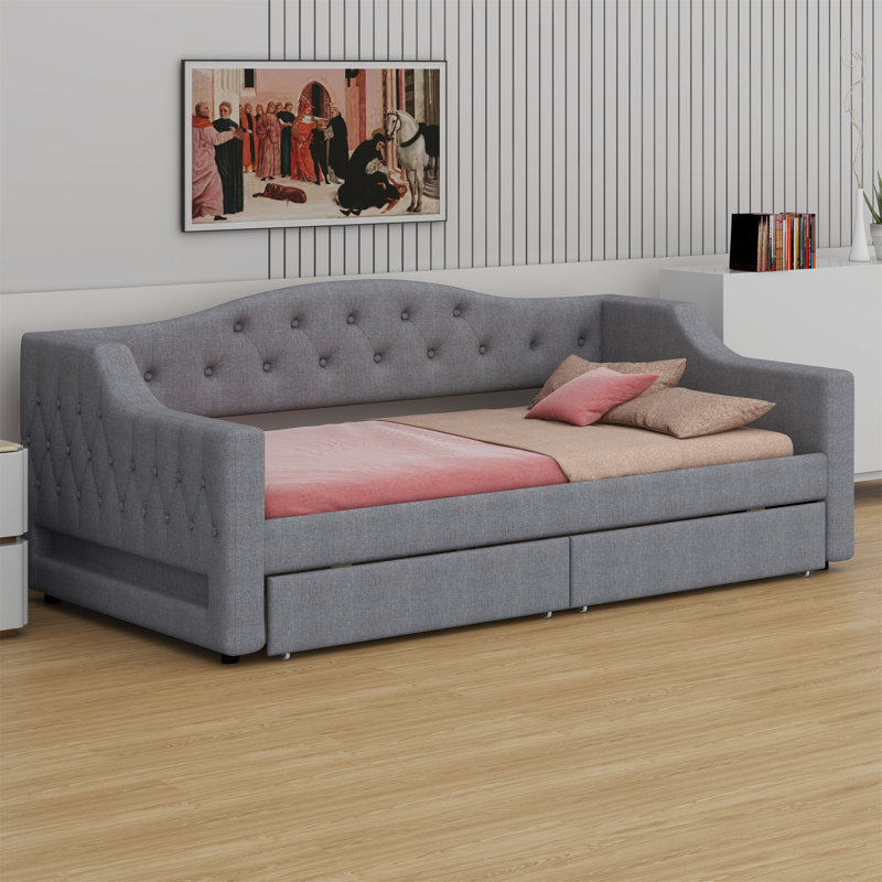 Upholstered Daybed With LED Belt And 2 Drawers, Gray