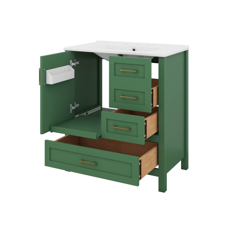 Armoire de meuble-lavabo 30 po avec lavabo en céramique, rangement avec porte à fermeture douce, trois tiroirs et plateau amovible