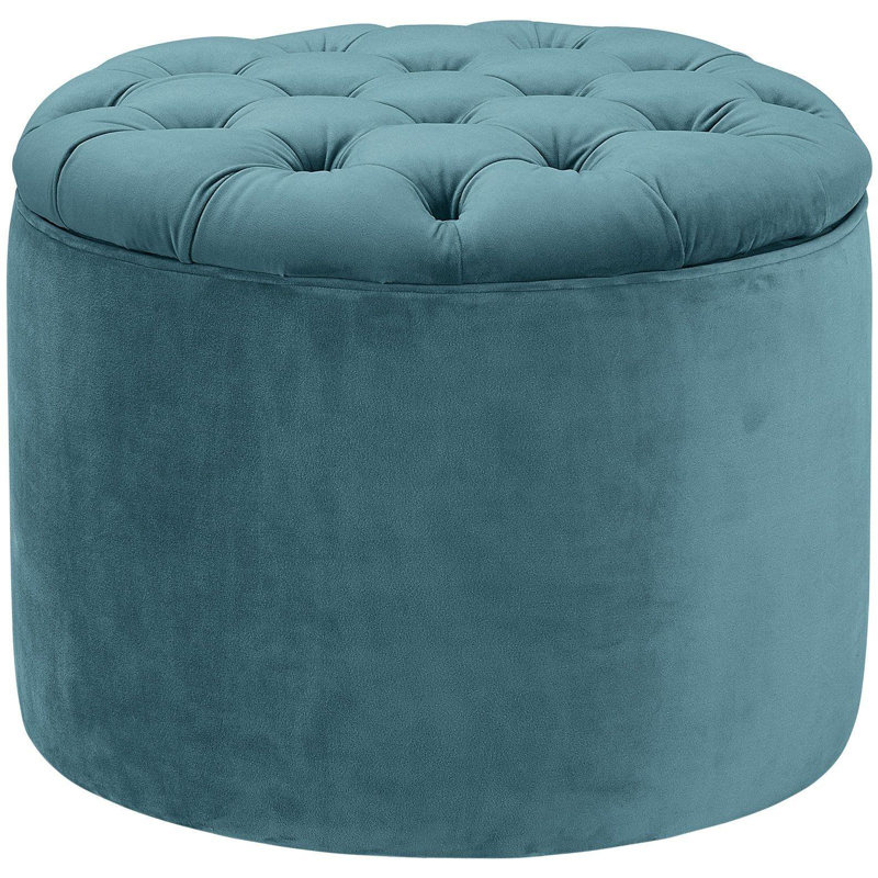 Repose-pieds rond avec rangement en velours Alvin, Velours bleu mer