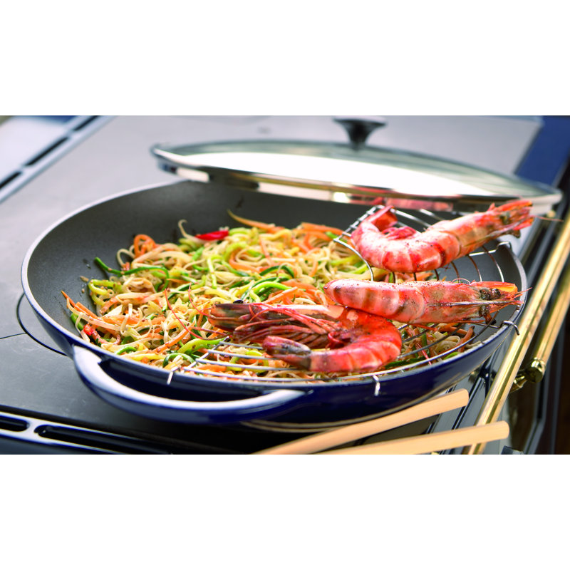 Red Enameled Cast Iron Wok with Glass Lid