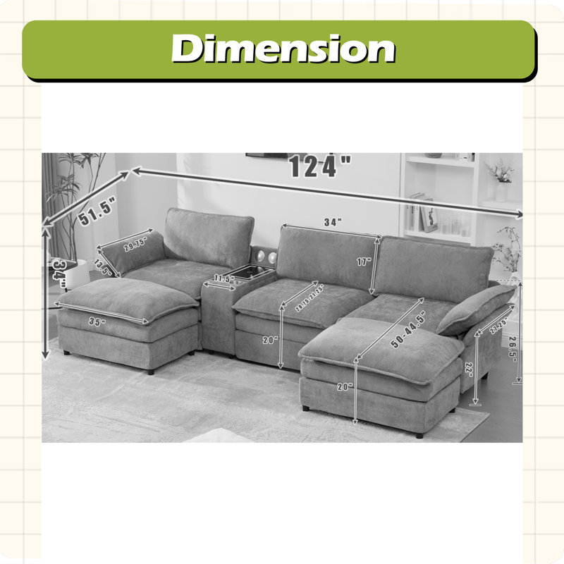 U Shaped Modular Sectional Sofa,Storage Console  Wireless Charging,2 Cup Holders,Bluetooth Speakers, Green Chenille