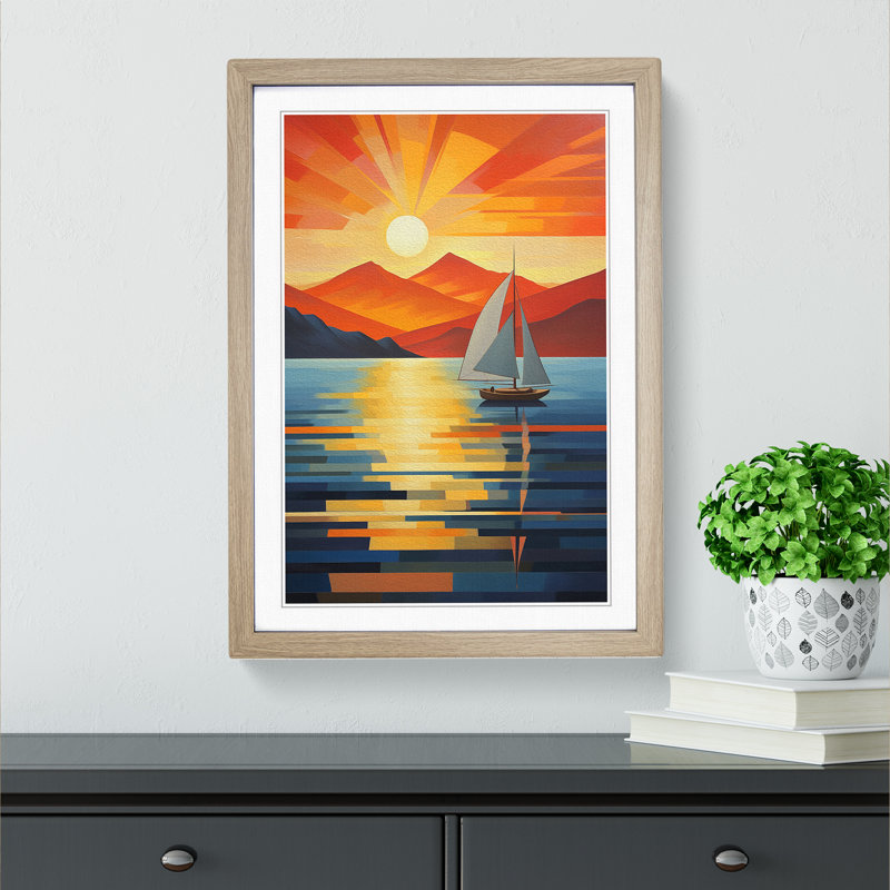 Seascape Art Deco - Single Picture Frame Print on Wood, Oak, 46cm H x 34cm W x 2cm D