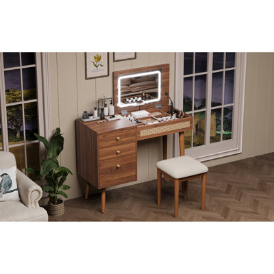 39" Retro Bohemian Style Vanity, Vantiy Desk With Mirror And  LED Lights, Dressing Table With Flip-Top Tabletop, Vanity Desk With Storage 3 Drawers, 10 Compartments, Makeup Vanity Set For Home