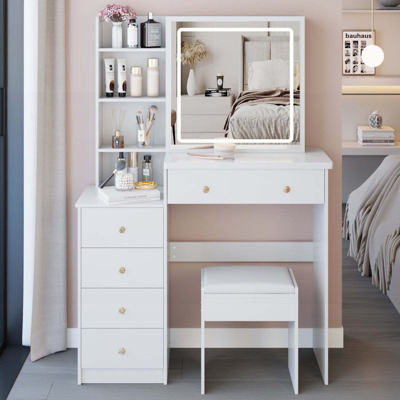 Versatile Bedside Cabinet with Advanced LED Mirror and Abundant Storage, White