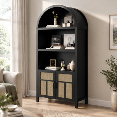 70.32'' Arched Rattan Storage Cabinet with Doors and Adjustable Shelves for Kitchen, Hallway, Dining Room, Living Room, Office, Black