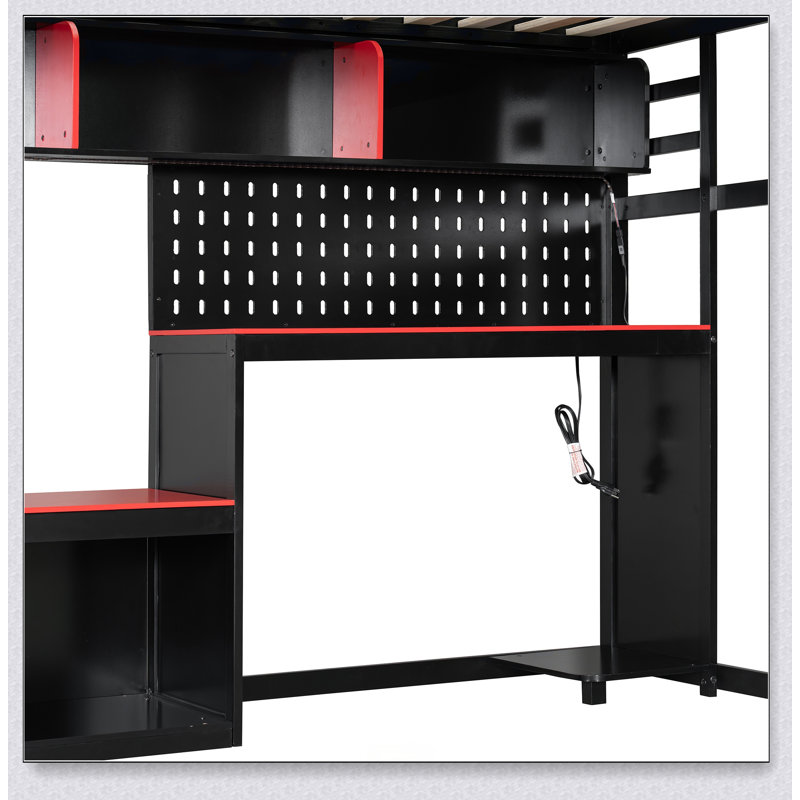 Lit mezzanine en bois avec bureau, tablettes, lumières DEL, ports USB et panneau perforé, Black/Red