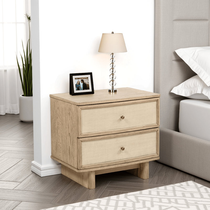 Lno Nightstand, 2 Cane Accent Drawers W Brass Knobs, USB, Oak Beige
