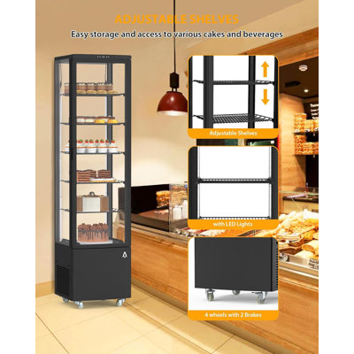 Refrigerated Display Case Commercial - 10.5 Cu. Ft. Display Refrigerator for Bakery, Interior LED Lighting, Air-Cooling Automatic Defrost, 5 Adjustable Shelves