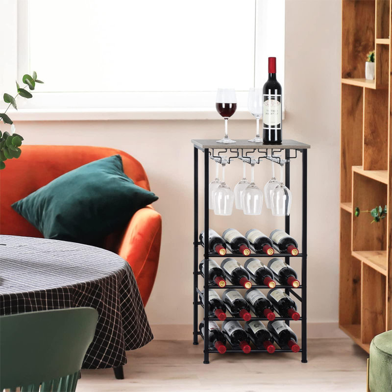 Dalene 16 Bottle Floor Wine Bottle & Glass Rack in, Black