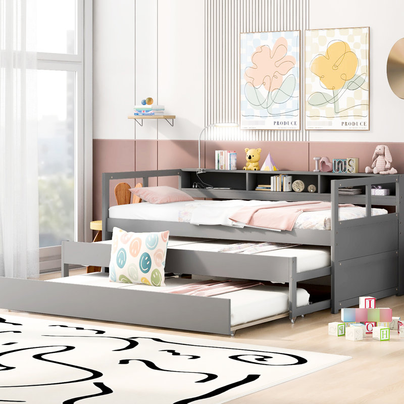 Lit de jour simple TG gris avec 2 lits gigognes, 3 espaces de rangement et de chargement, Gris