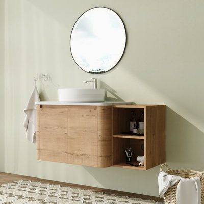 Meuble-lavabo flottant mural 42 po avec comptoir en quartz et portes et tablettes de rangement à fermeture en douceur