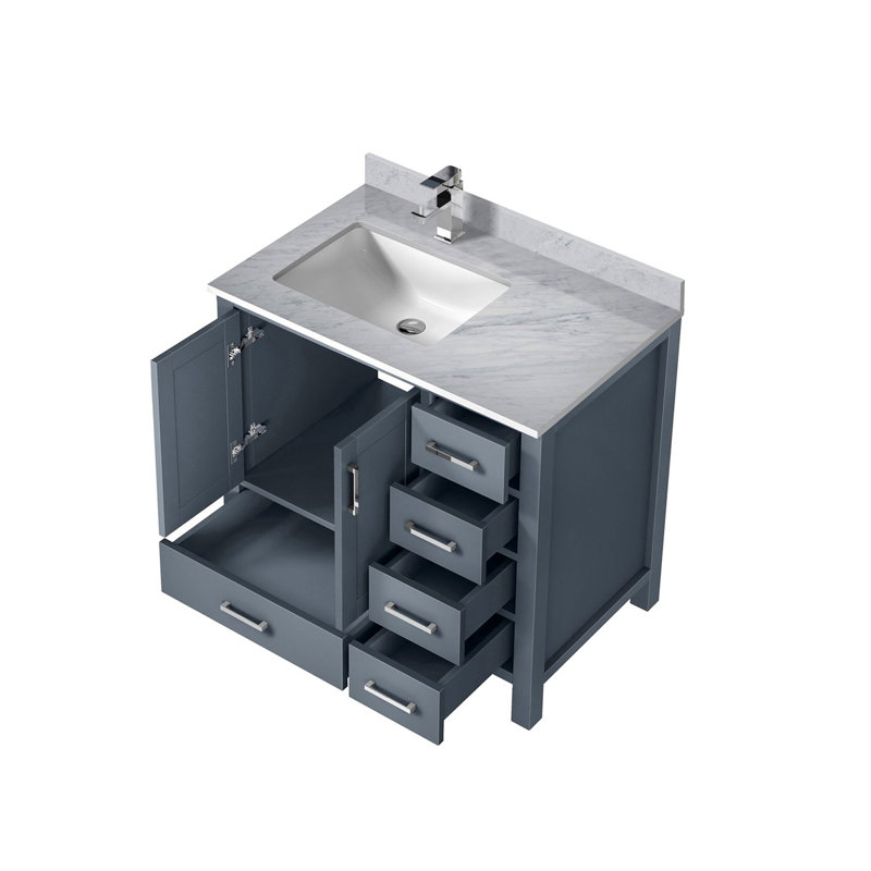 Gris foncé 36 po De salle de bain avec comptoir en marbre, robinet inclus, fermeture en douceur, une armoire, cinq tiroirs, tablette ouverte, robinet escamotable à un trou avec plateau décalé gauche et surface de teinture,