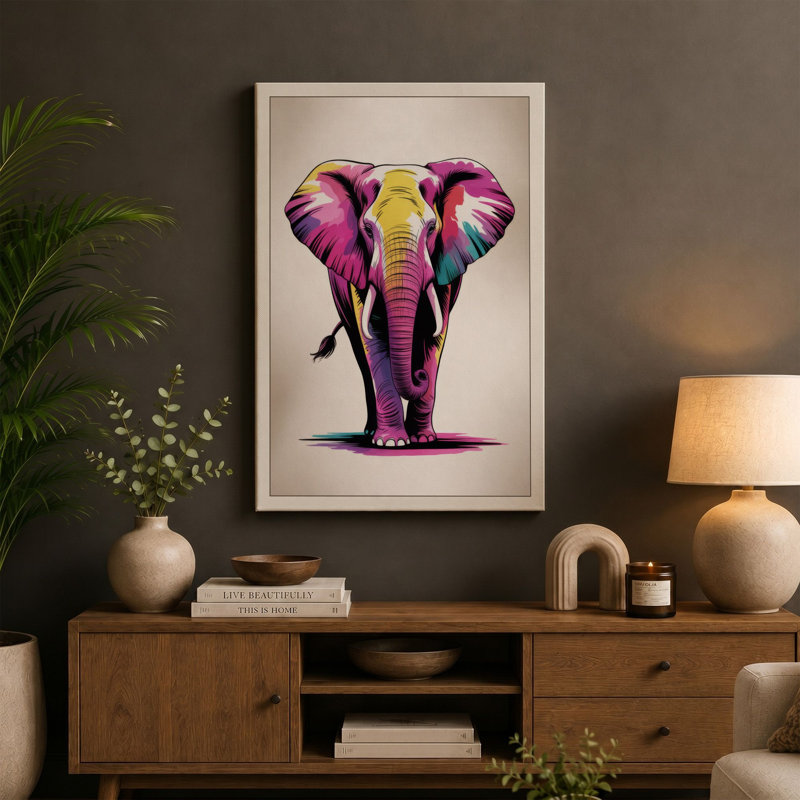 Bold Elephant Portrait Modern 1 Piece Wrapped Canvas Wall Art, 30x20 - 76.2 x 50.8 cm, Cream Border
