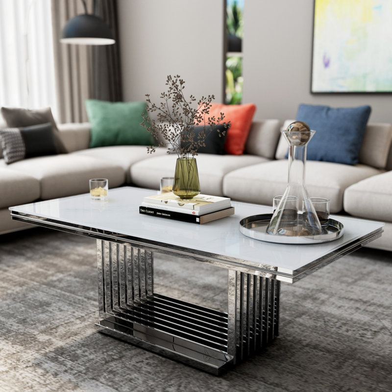 Table basse rectangulaire en verre argenté pour le salon, Plateau blanc / base argent