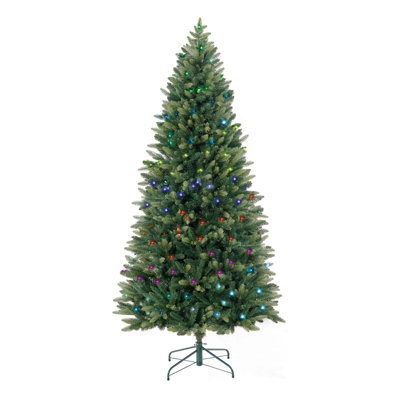 Natural Green Pre-Lit Christmas Trees with Rainbow Multi-Color Lights , 6.5 ft & 7.5 ft Options with Metal Stand