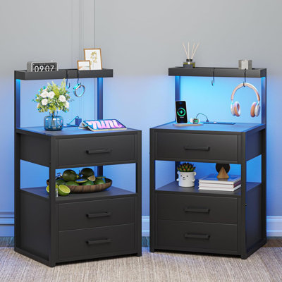 3 Drawers Nightstand Black Set Of 2