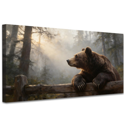 Bear Canvas Wall Art, Rustic Farmhouse Cabin Decor Painting, Vintage Misty Forest Bear Pictures Wall Decor, Animal Canvas Prints for Living Room Bedroom Ready To Hang with Hook 24x48 Inch