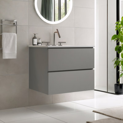 Tia Space Grey Wall Mount Floating Bathroom Vanity With Ceramic Sink (three Faucet Holes) - One-piece Basin, Large Storage, Pre-assembled For Modern Bathroom