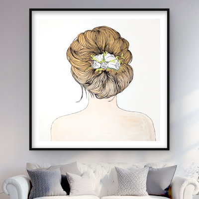 Dame avec des fleurs aux cheveux blonds - impression encadrée avec passe-partout