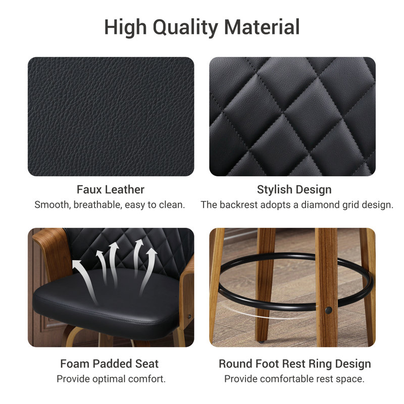 Lesli 30.51'' Swivel Tufted Faux Leather Upholstered Bar Stool (Set of 4), Black Seat/Brown Frame